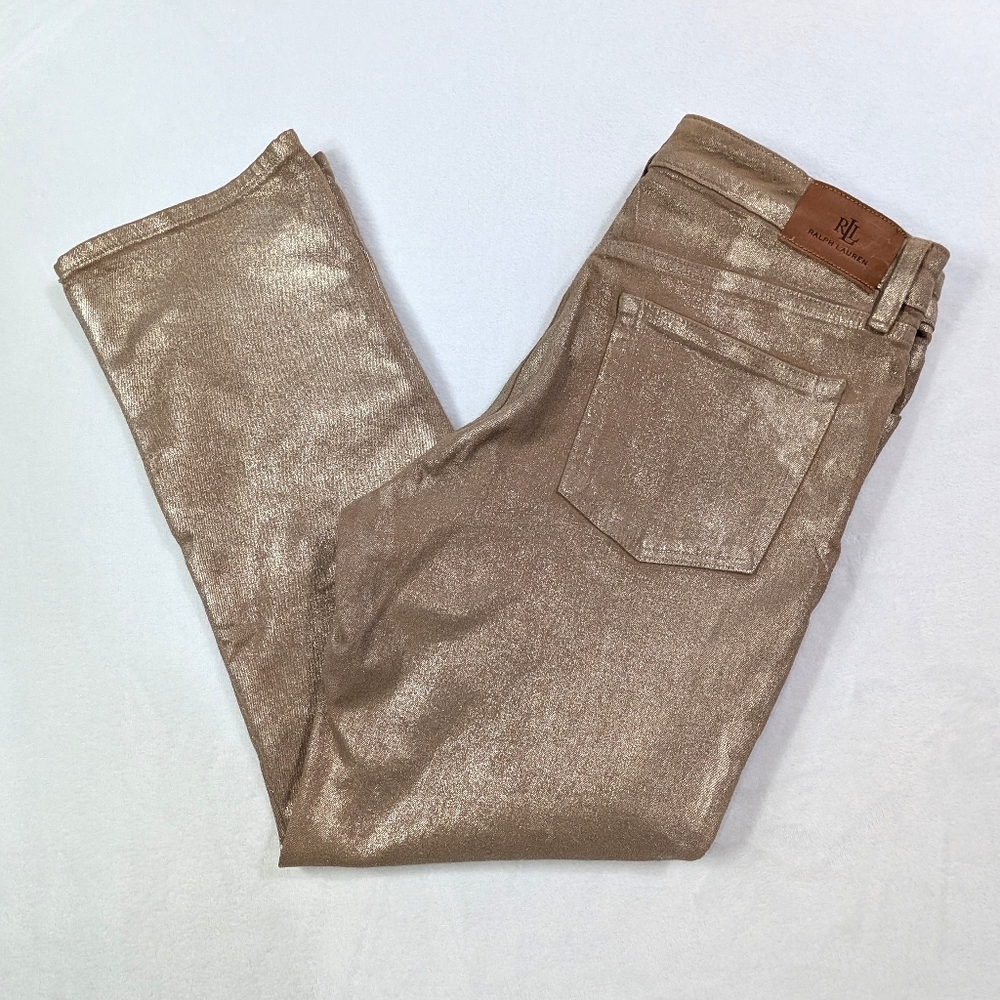 Lauren Ralph‎ Lauren Gold Metallic Straight Leg Cropped Pants Womens 12